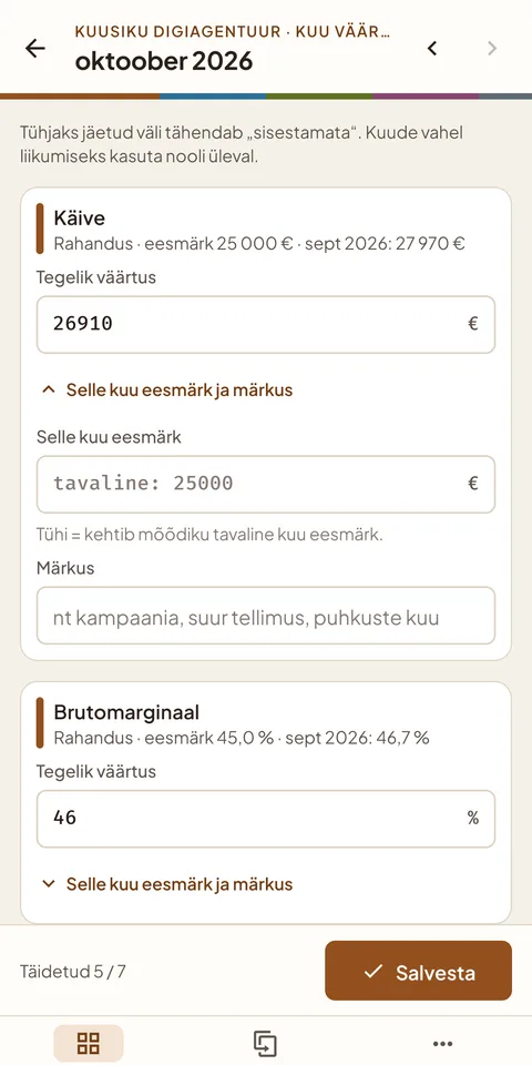 Kuu väärtuste sisestamine: käive, brutomarginaal ja uued kliendid koos eesmärgiga